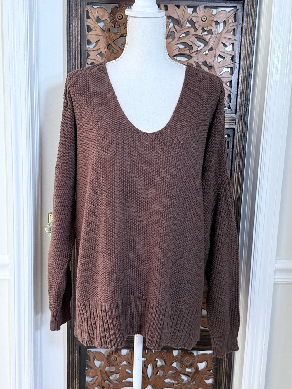 Lucky Brand Cotton Blend Chocolate Brown Textured Knit V-Neck Sweater Women’s L